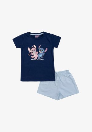 Completo per bambini con maglietta blu navy con personaggi Angel e Stitch e pantaloncini con vita elastica azzurri.