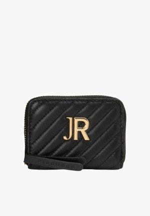 Schwarze gesteppte Lederbrieftasche mit goldenem "JR"-Logo und schwarzem Reißverschluss mit Prägung "RICHMOND."