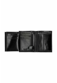 Czarny skórzany portfel z wieloma kieszonkami na karty, przegrodą na monety i zapięciem na guzik. Gładka tekstura z funkcją ochrony RFID.