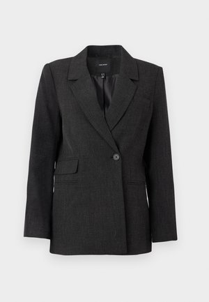 Mørk grå ensfarget blazer med bretteklaffer, lange ermer, klaffelommer og en glatt innerside.