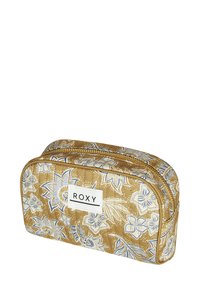 Brown floral pouch with blue accents, featuring a zip closure and a white logo label. Made from textured fabric with a patterned design.
