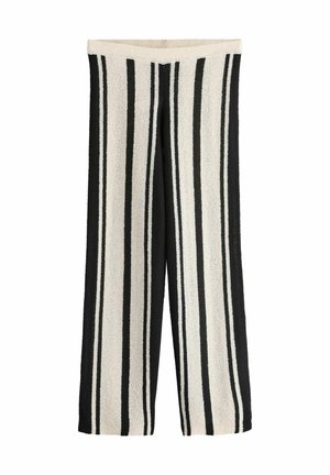 Schwarz-weiß gestreifte Strickhose mit weitem Bein und elastischem Bund vor weißem Hintergrund.