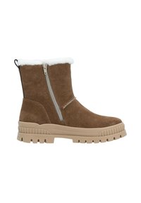 Bottine en suède marron avec un col en fausse fourrure blanche, fermeture éclair sur le côté et une semelle en caoutchouc beige épaisse avec un motif texturé.