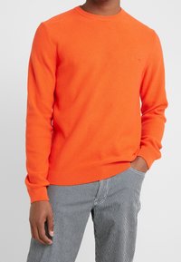 Helle orange Crewneck-Pullover mit einem strukturierten Strickmuster. Verfügt über lange Ärmel und gerippte Bündchen, kombiniert mit gestreiften Hosen.