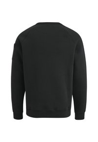 Schwarzer Sweatshirt mit rundem Halsausschnitt, langen Raglanärmeln und einer Seitentasche. Hergestellt aus einem weichen Baumwollmix mit einer einfarbigen Textur.