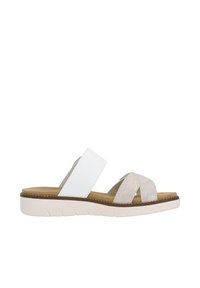 Slide sandal with two cross straps, one white and one beige suede. Features a cushioned insole and a lightweight white sole.