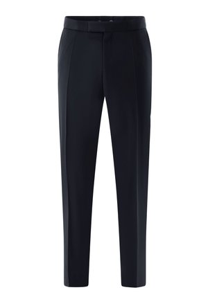 Tailored black trousers made of smooth fabric, featuring a slim fit, flat front, side pockets, and a button closure.