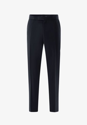 Tailored black trousers made of smooth fabric, featuring a slim fit, flat front, side pockets, and a button closure.