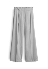 Pantaloni wide-leg grigi in tessuto leggero, con una finitura testurizzata, pinces e una vita elasticizzata per garantire comfort.