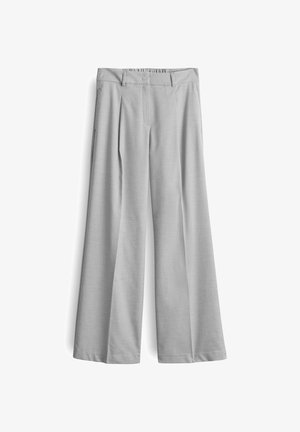 Pantaloni wide-leg grigi in tessuto leggero, con una finitura testurizzata, pinces e una vita elasticizzata per garantire comfort.