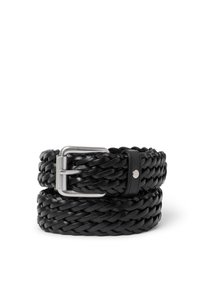Svart flätad läderbälte med en silverfärgad metallspänne och en slät läderögla, med en rundad silvernabb som accent.