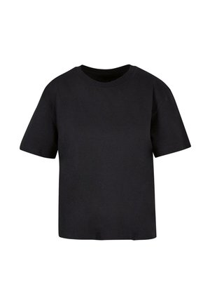 Schwarzes Baumwoll-T-Shirt mit kurzen Ärmeln, rundem Halsausschnitt und lockerer Passform. Glatte Textur, keine Muster oder Verzierungen.