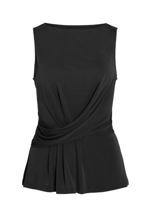 Blouse noire sans manches avec encolure ronde et détail de tissu drapé et plissé autour de la taille pour une coupe ajustée.
