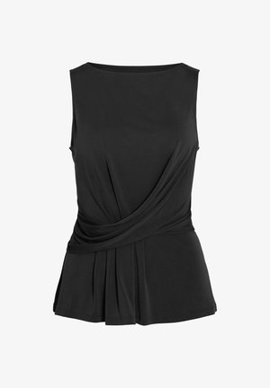 Blouse noire sans manches avec encolure ronde et détail de tissu drapé et plissé autour de la taille pour une coupe ajustée.