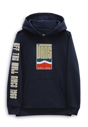 Donkerblauwe hoodie van een katoenmix. Heeft een logo aan de voorkant met rode, witte en blauwe elementen en de tekst "OFF THE WALL SINCE 1966" op de mouw.