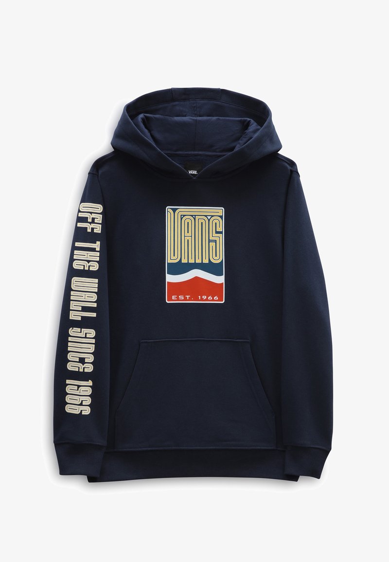 Sweat à capuche bleu marine en mélange de coton. Présente un logo devant avec des éléments rouge, blanc et bleu et le texte "OFF THE WALL SINCE 1966" sur la manche.