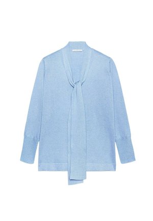 Lyseblå cardigan lavet af blødt materiale, med lange ærmer, bindebånd i nakken og en afslappet pasform. Glat tekstur uden synlige mønstre.