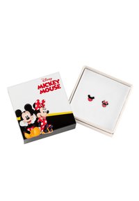 Orecchini di Topolino della Disney in una scatola bianca. Gli orecchini presentano orecchie di topo nere e un fiocco rosso, accentuato da pois bianchi.