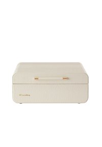 Cream-colored jewelry box with a crocodile texture, gold hardware, a flat top, and a pull handle. Compact rectangular design.