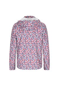 Jachetă cu glugă, cu model floral în roșu, alb și albastru. Fabricată din material ușor, cu mâneci lungi și manșete elastice.