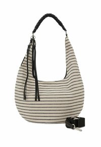 Sac hobo rayé avec une poignée tissée noire, des pompons noirs et une sangle noire amovible. Fabriqué en tissu avec une surface texturée.