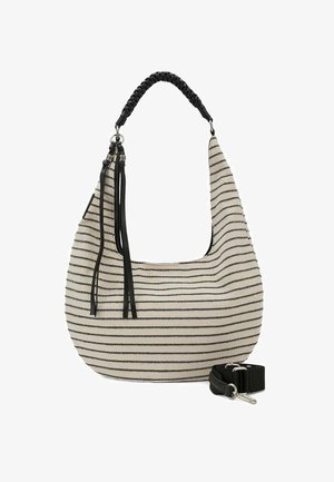 Sac hobo rayé avec une poignée tissée noire, des pompons noirs et une sangle noire amovible. Fabriqué en tissu avec une surface texturée.