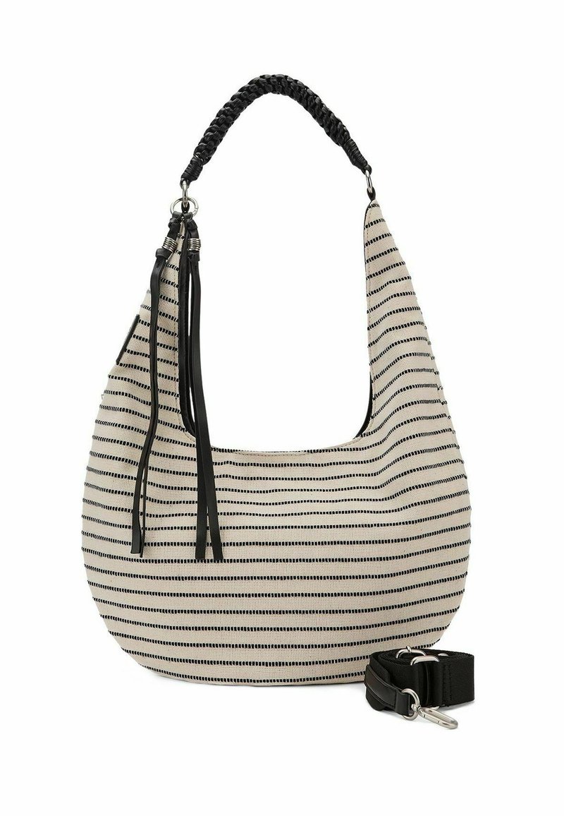 Sac hobo rayé avec une poignée tissée noire, des pompons noirs et une sangle noire amovible. Fabriqué en tissu avec une surface texturée.