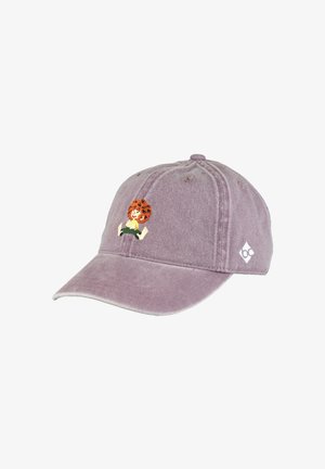 Lavender baseball cap with embroidered cartoon character of a red-haired child running on front and a small white logo on side panel.