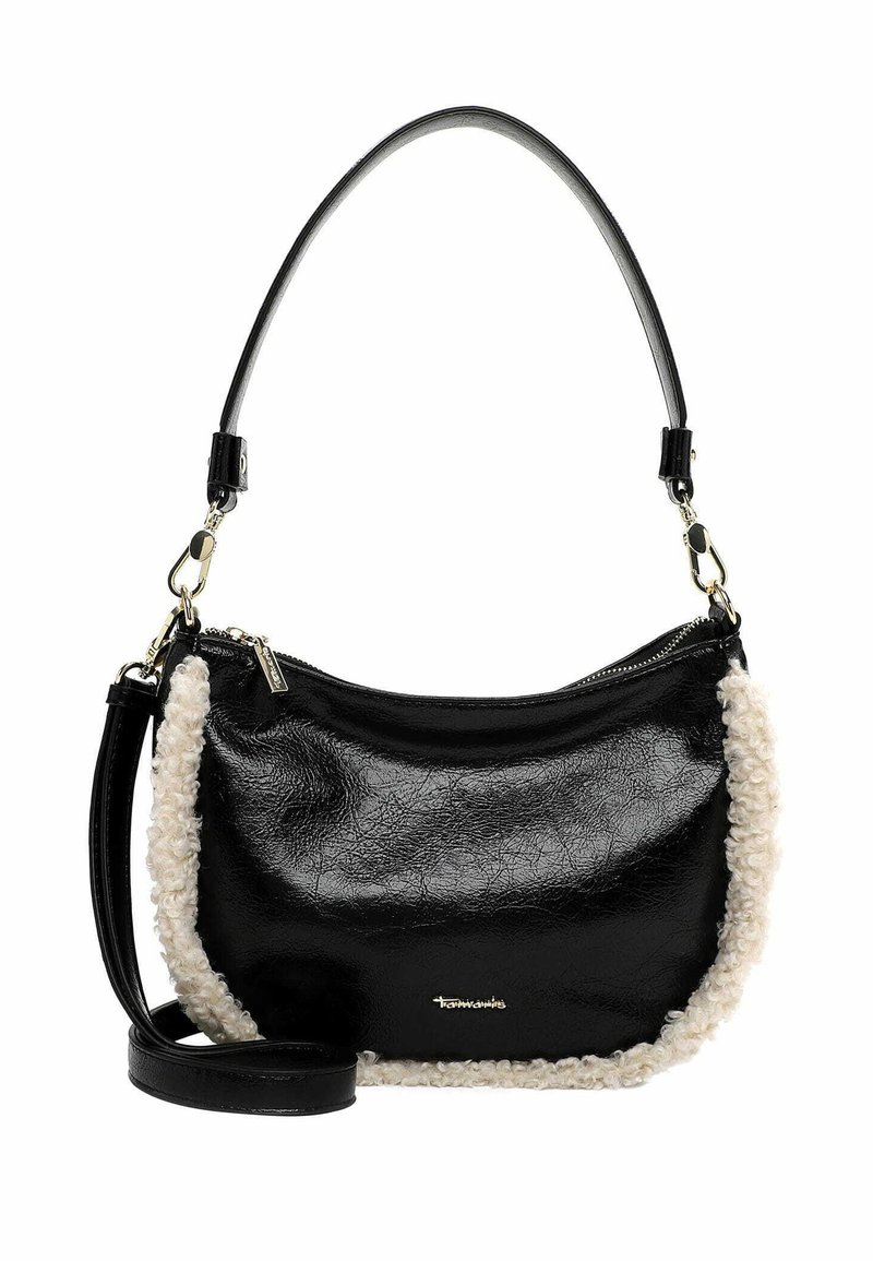 Borsa a tracolla in pelle nera con finitura texture e bordo morbido color crema. Presenta una singola tracolla e una cerniera dorata.