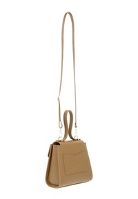 Tan faux leren handtas met een driehoekige vorm, enkele bovenhandgreep, verstelbare schouderband en voorzakdetail. Glad textuur.