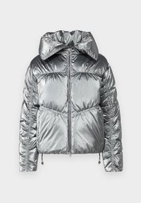 Metallic silver puffer jacket with a hood, zip front, and gathered side seams. Features a shiny, smooth texture and adjustable drawstring hem.