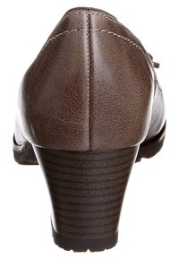 Brown faux leather high-heeled shoe with a textured finish, tapered design, and a ribbed heel. Features stitched panel detailing.