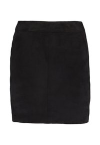 Svart mockapenskjol med en slät textur, åtsittande silhuett och midjeband. Inga synliga mönster eller detaljer i metall.