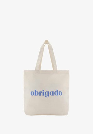 Canvas draagtas in crème met korte handvatten en blauwe tekst die "obrigado"拼t. Heeft een eenvoudig, rechthoekig ontwerp zonder extra accenten.