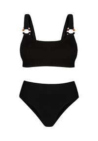 Czarny stanik bikini z prążkowanej tkaniny, z kwadratowym dekoltem i szerokimi ramiączkami, ozdobnymi, wielokolorowymi akcentami oraz wysokimi majtkami.