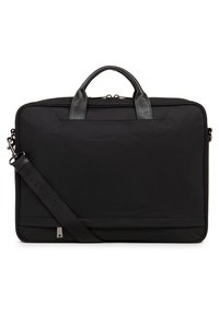 Borsa per laptop nera realizzata in tessuto resistente, dotata di manici in pelle e di una tracolla rimovibile, con un design rettangolare elegante e accenti minimalisti.