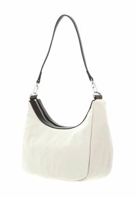 Sac d'épaule en tissu blanc avec une forme courbée, une garniture zippée en cuir foncé et une bandoulière noire élégante. Accents en métal argenté.