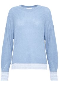 Ljusblå stickad tröja med långa ärmar, en ribbad rundhals och texturerad vit kant vid fållen och ärmsluten. Andningsbart material.