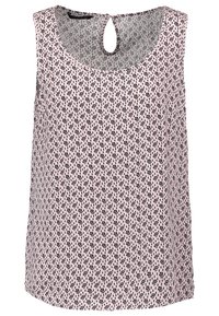 Blouse sans manches rose clair avec un petit motif floral noir et une ouverture en forme de goutte au niveau du col rond.