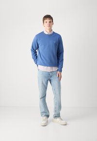 Jeune homme debout face à l'appareil photo, portant un sweat-shirt bleu sur une chemise rayée, un jean bleu clair et des baskets blanches décontractées sur un fond uni.