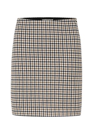 Īsa svārku, izgatavota no auduma ar suņa zobu rakstu melnā, brūnā un krēmkrāsas kombinācijā. Tā ir izstrādāta ar pieguļošu dizainu un elastīgu jostu.