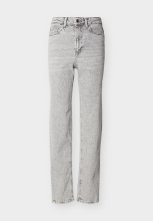 Jean παντελόνι από ελαφρύ γκρι τζιν με ψηλή μέση, ίσια παντελόνια, κουμπί μπροστά, φερμουάρ, θηλιές για ζώνη και πίσω και μπροστινές τσέπες.