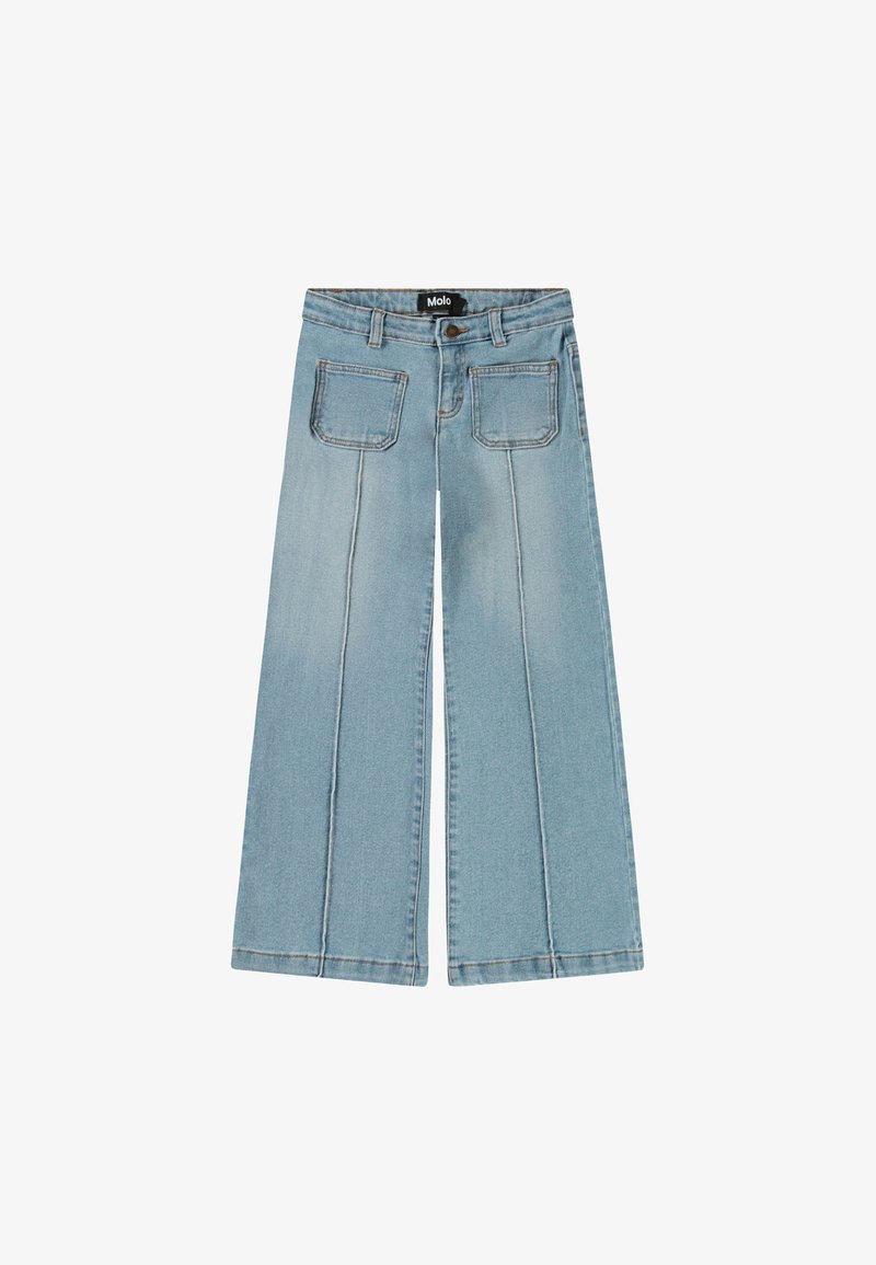 Šviesiai mėlynos plačios džinsinės kelnės, pagamintos iš džinsinio audinio, su mygtuko uždarymu, diržo kilpam, dviem priekinių kišenėm ir dviem galinėm kišenėm.