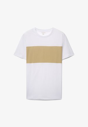 Biała bawełniana koszulka z poziomym beżowym pasem na wysokości klatki piersiowej. Krótkie rękawy, okrągły dekolt, luźny krój. Rozmiar XL.