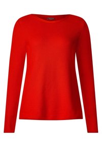 Rotes Langarmoberteil aus strukturiertem Strickstoff, mit Rundhalsausschnitt und lässigem Schnitt, geeignet für die Freizeit.