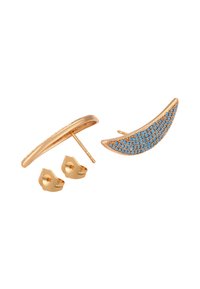 Náušnice v zlatohnedém tónu s zakřiveným designem, zdobené světlomodrými kameny uspořádanými do mřížkového vzoru, včetně dvou zlatých záznamů.