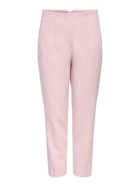 Gaisīgi rozā, augsta vidukļa, šauras piegriezuma bikses ar smalkām priekšējām bārkstīm un sānu kabatām, potīšu garumā ar tīru, individualizētu izskatu.