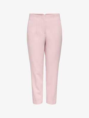 Gaisīgi rozā, augsta vidukļa, šauras piegriezuma bikses ar smalkām priekšējām bārkstīm un sānu kabatām, potīšu garumā ar tīru, individualizētu izskatu.