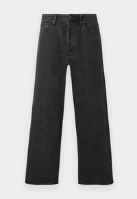 Svart høytlivs straight-leg denimjeans med frontknapp, glidelås og femlommers design på hvit bakgrunn.