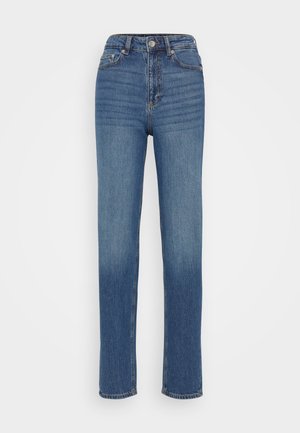 Blugi din denim albastru cu talie înaltă și design cu picior drept, cu închidere prin buton, chingi pentru curea și o textură ușor decolorată.